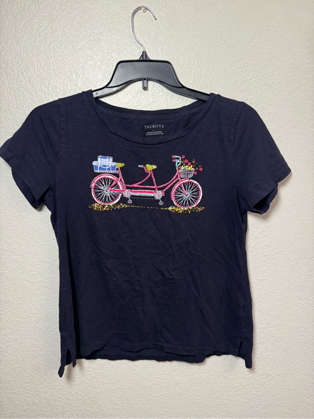 Talbots Navy Slub Cotton Embroidered Tandem Bicycle Graphic T-Shirt L